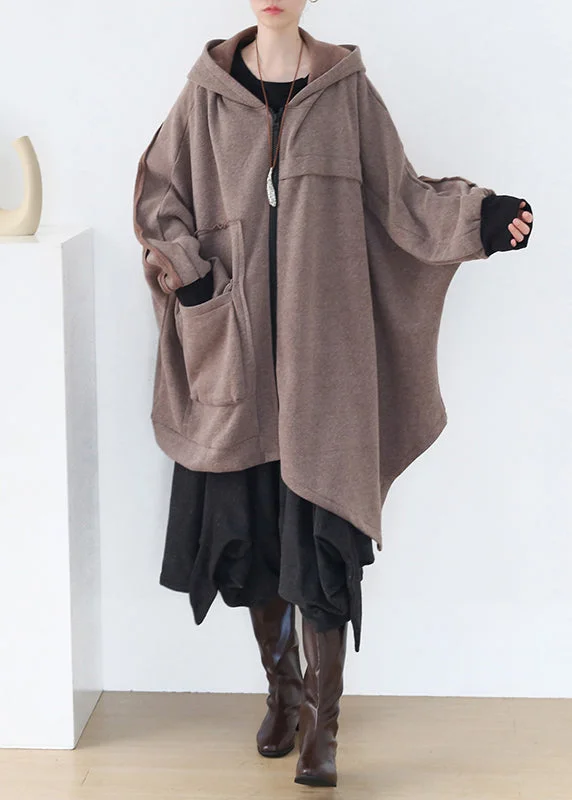 Boho Khaki Asymmetrical Patchwork Zippered Thick Cotton Hoded Coats Fall