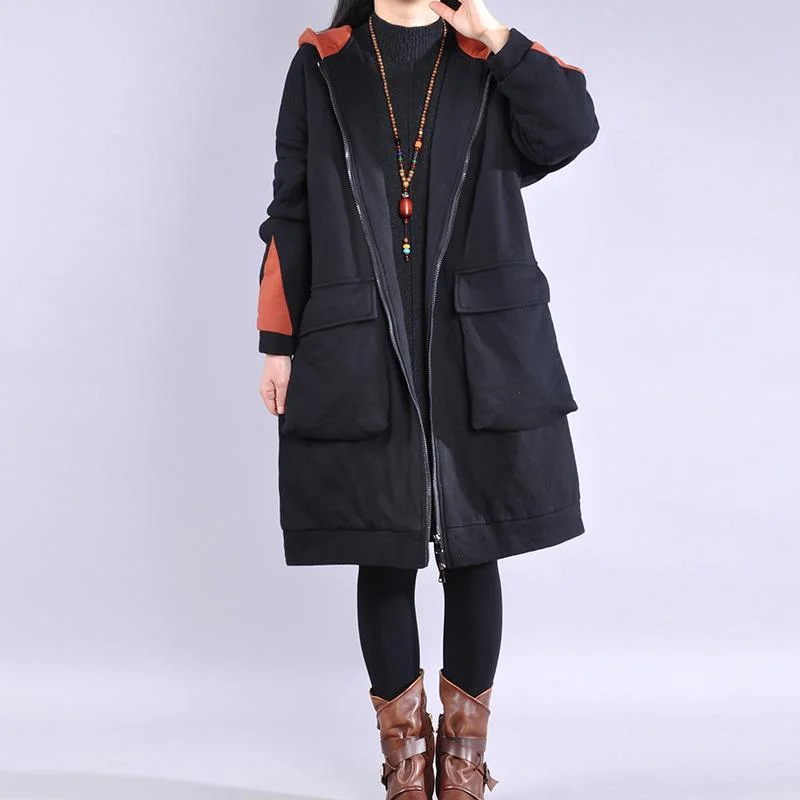 boutique black Coats plus size clothing hooded patch work trench coat