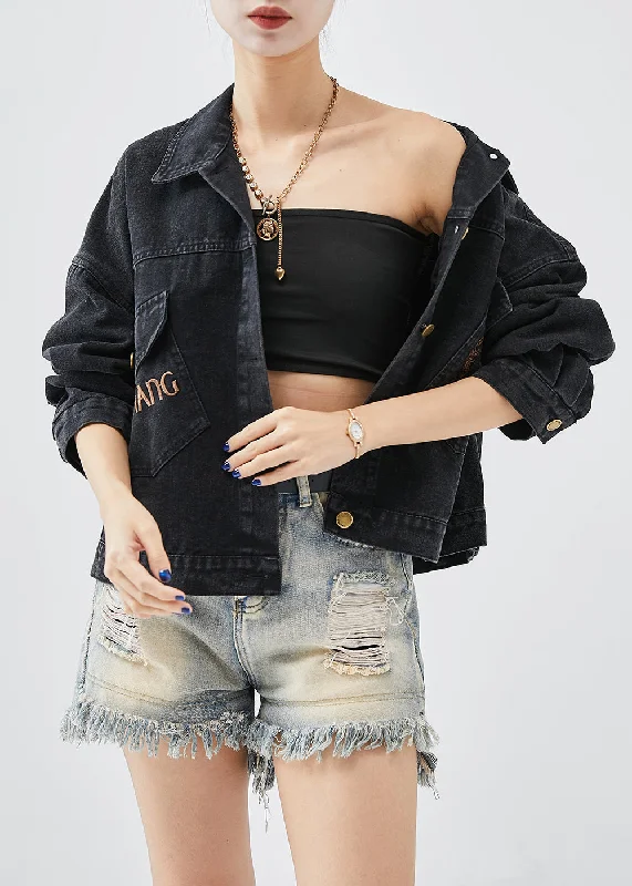 Boutique Black Embroideried Letter Butterfly Denim Jacket Fall