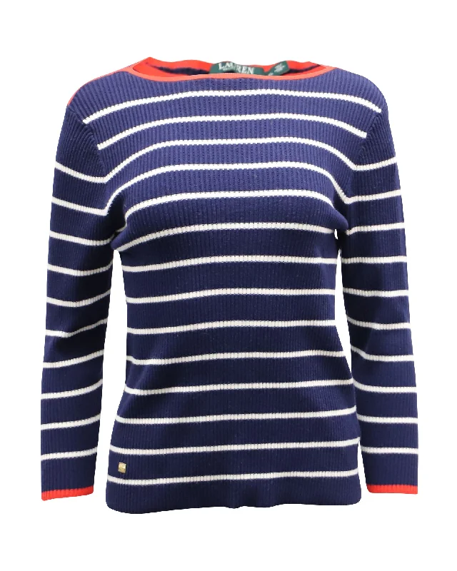 Lauren Ralph Lauren Stripe Ribbed Sweater in Navy Blue Cotton