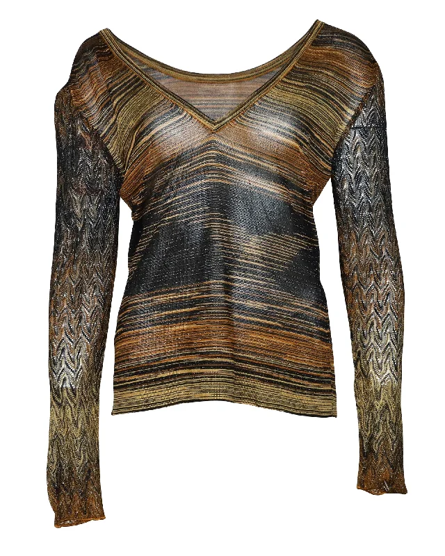 Missoni V Neck Metallic Sweater in Brown Rayon