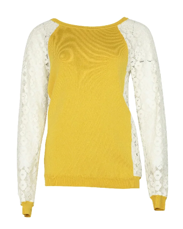 Moschino Cheap and Chic Knit Sweater with Lace Sleeves in Yellow Rayon