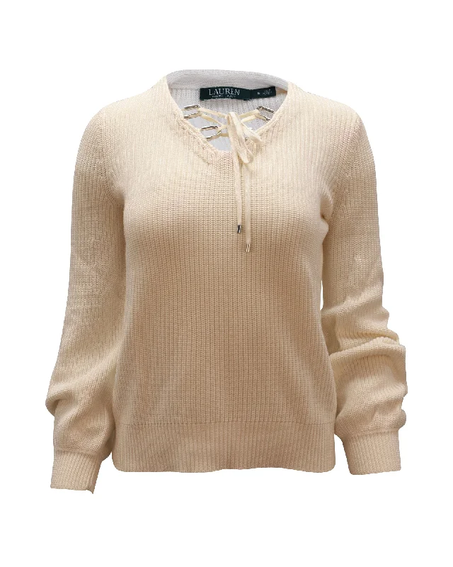 Ralph Lauren Valayna Lace-Up V-Neck Sweater in Ivory Cotton