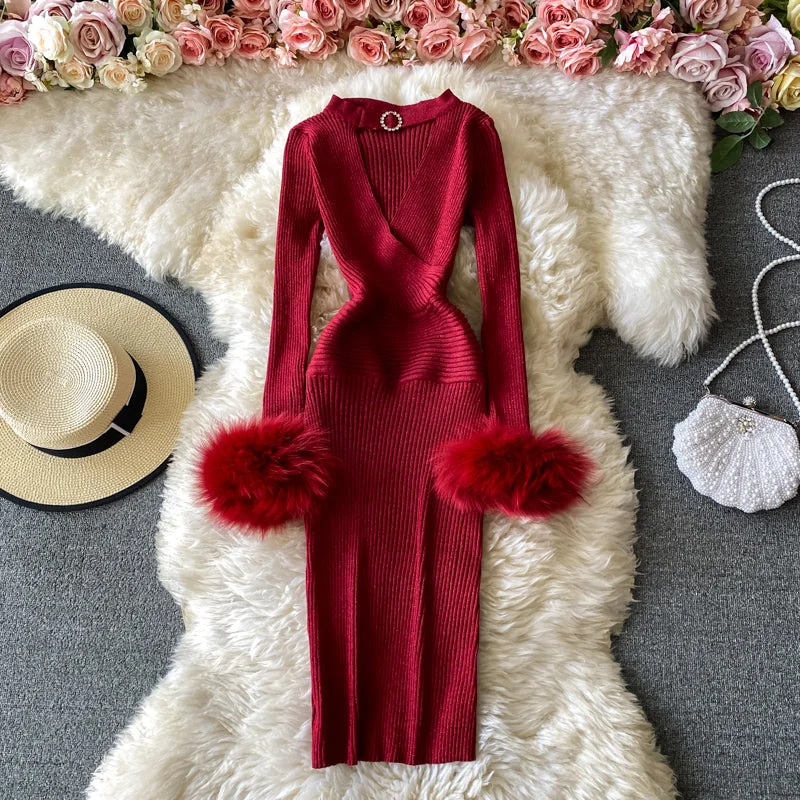 Sexy V-neck halterneck sweater dress     S260