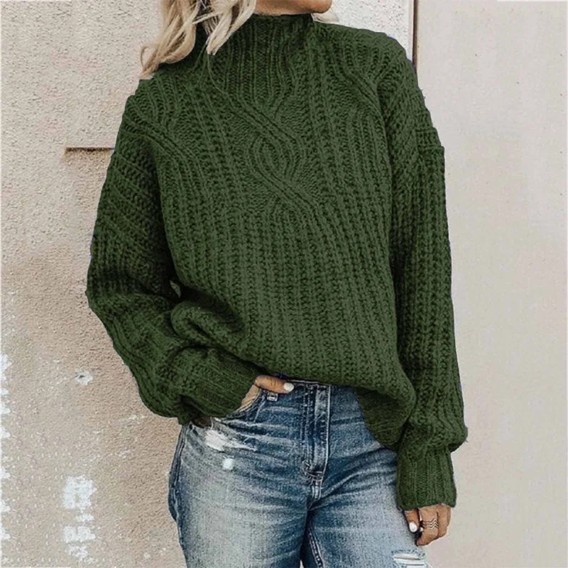 DressBetty - Turtleneck Jacquard Sweater Women Vintage Casual Loose Solid Long Sleeve Temperament Commute Knitted Pullover Top Pull