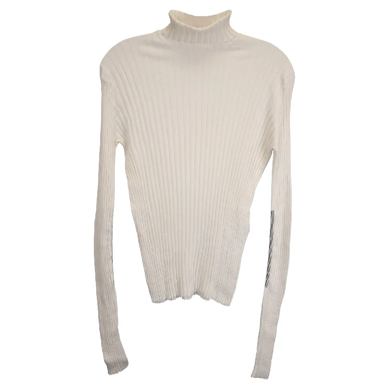 Victoria Beckham Turtleneck Long-Sleeve Ribbed-Knit Sweater in White Wool