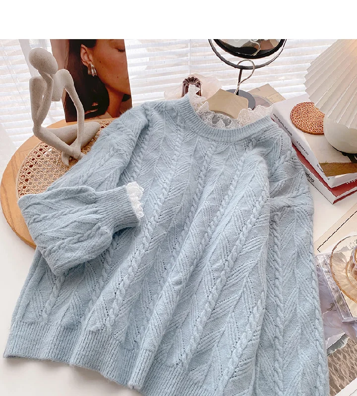 Vintage Lace Edge long sleeve Pullover thin loose top      S2514