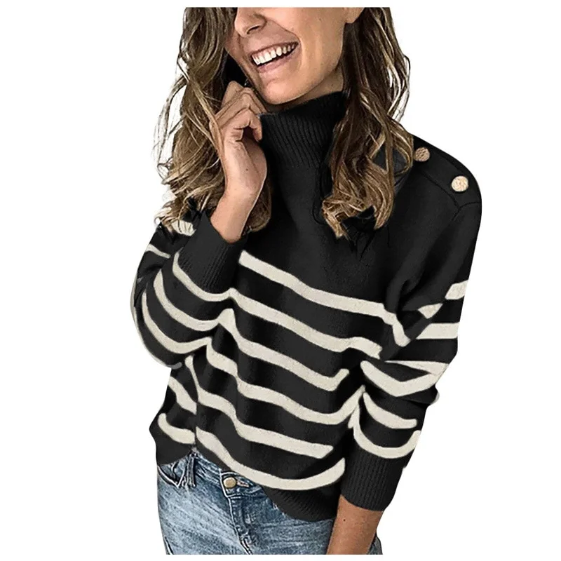 DressBetty - Women Color-Blocking Striped Turtleneck Sweater Long Sleeve Knit Pullover Women FallWinter Fashion Sweatshirt Sweater Tops