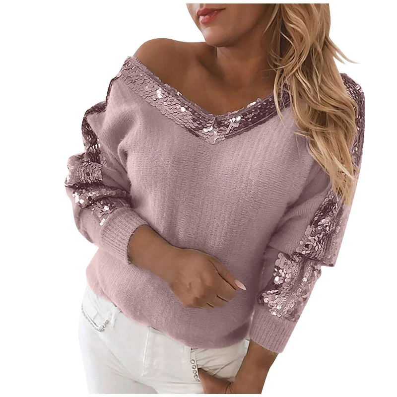 DressBetty - Women Sexy Off Shoulder V Neck Sequin Stitching Print Temperament Pullover Casual Long Sleeve Sweater Pullovers Winter Clothes