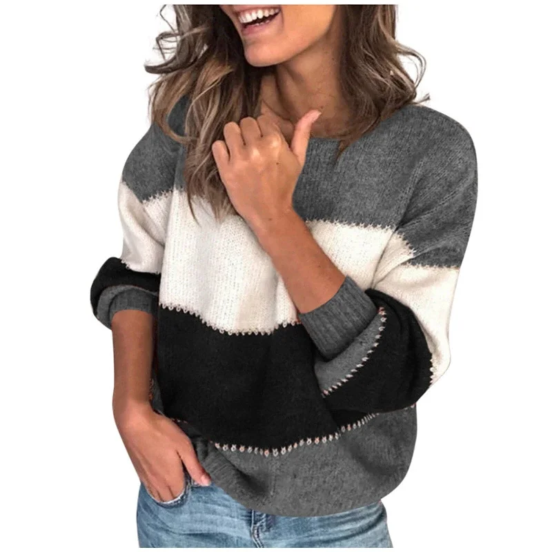 DressBetty - Women Stitching Color Stripe O-Neck Sweater Long-Sleeved Knitted Pullover Top Ladies FallWinter Casual Sweatshirt Top Sweater