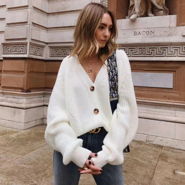 Women Knitted Cardigans Sweater Fashion Autumn Long Sleeve Loose Coat Casual Button Thick V Neck Solid Female Tops 2023    S2745