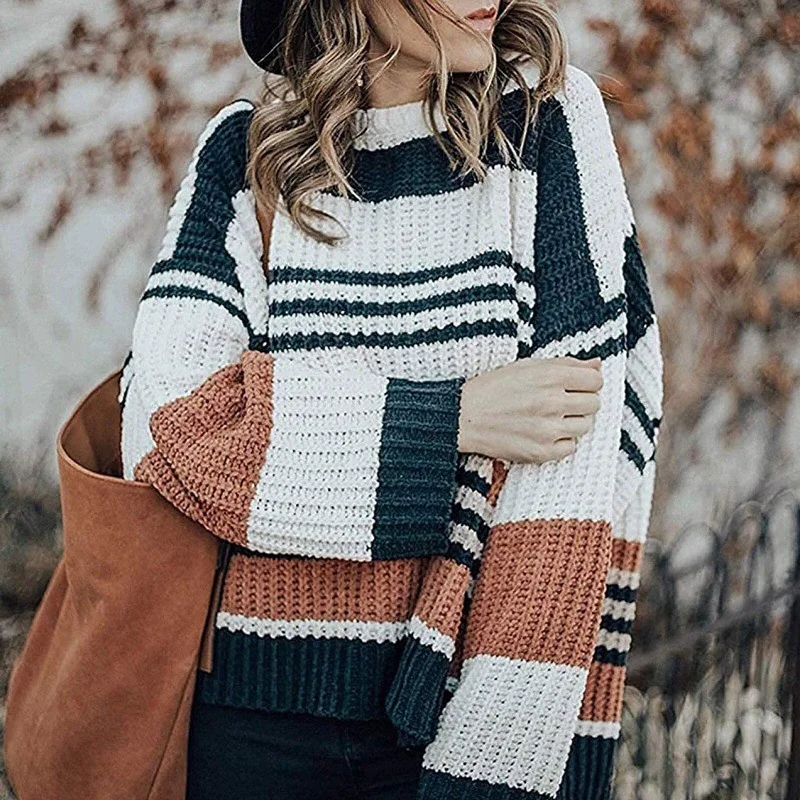 DressBetty - Women Knitted Hoodie Fashion Lovely Chic Preppy Harajuku Long Sleeve O-Neck Striped Color Block Girls Pullover Loose Knitwear