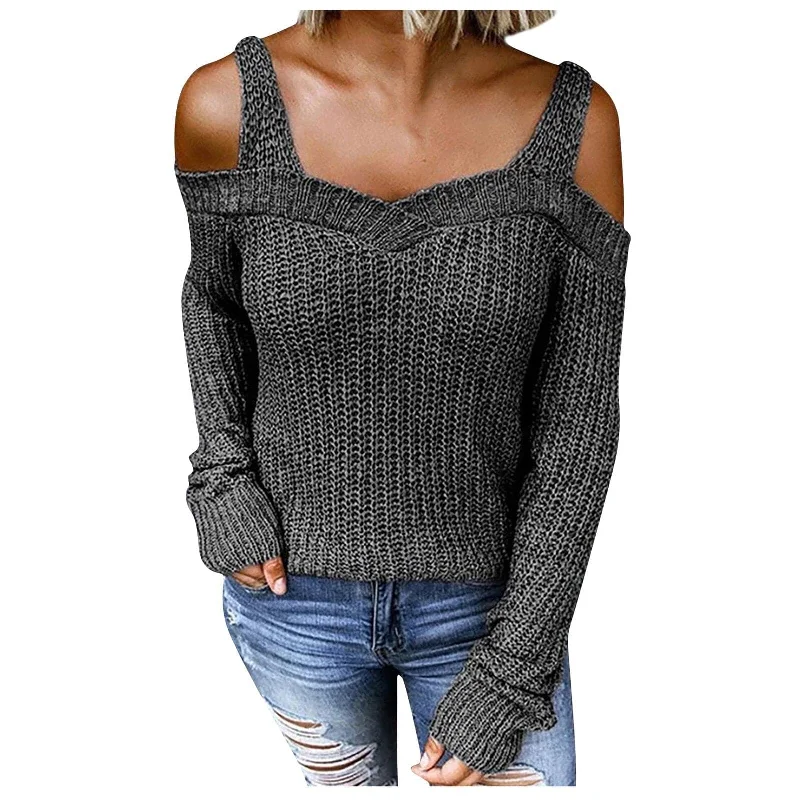 DressBetty - Womens Long Sleeve Cold Shoulder Sweaters Halter Neck Backless Loose Sweater Top Ropa Mujer Invierno