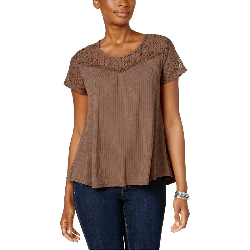 Style & Co. Womens Lace Yoke Basic T-Shirt, Brown, X-Small