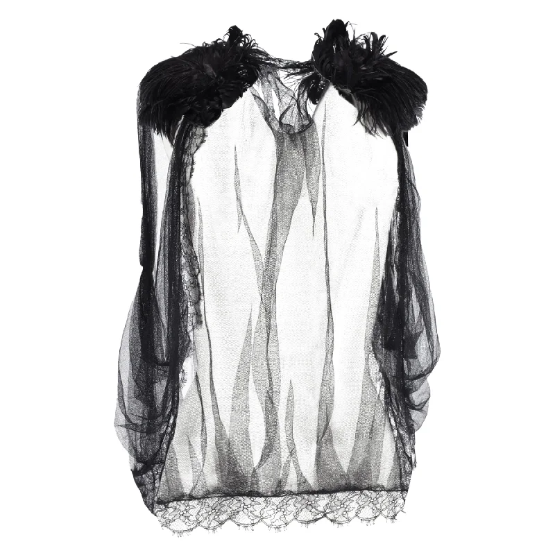 Alberta Ferretti Sheer Vest in Black Silk Tulle and Feathers