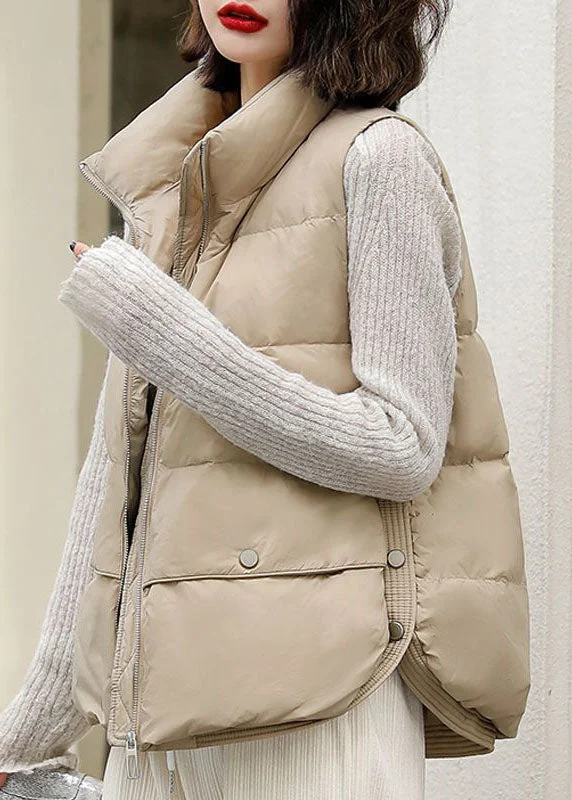 Beige Thick Duck Down Winter Vests Oversized Zippered Winter