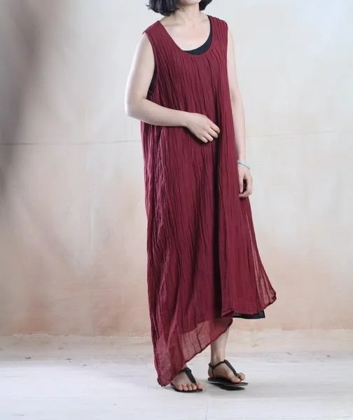 Burgundy linen vestidos linen sundress maxis sleeveless