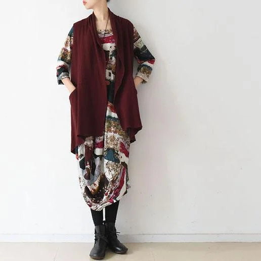 Burgundy unique linen vest tops woman blouse asymmetric back design