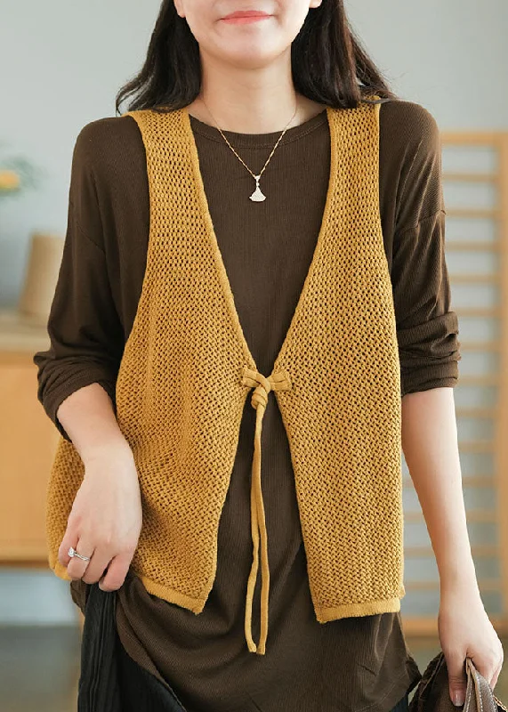 Chic Yellow V Neck Hollow Out Tie Waist Knit Vests Fall