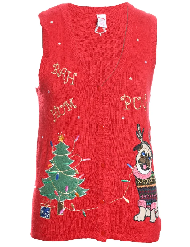 Christmas Tree Design Red Knit Sweater Vest - S