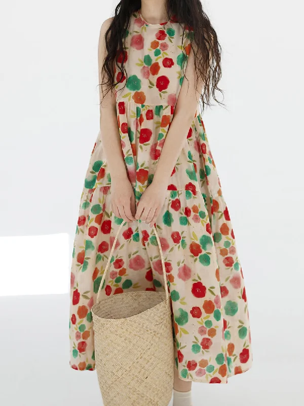 Cute O-Neck Flower Spliced Pleated Vest Dress