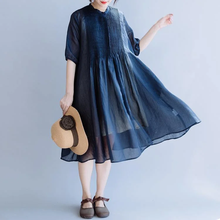 diy navy linen stand collar half sleeve Vestidos De Lino summer Dresses