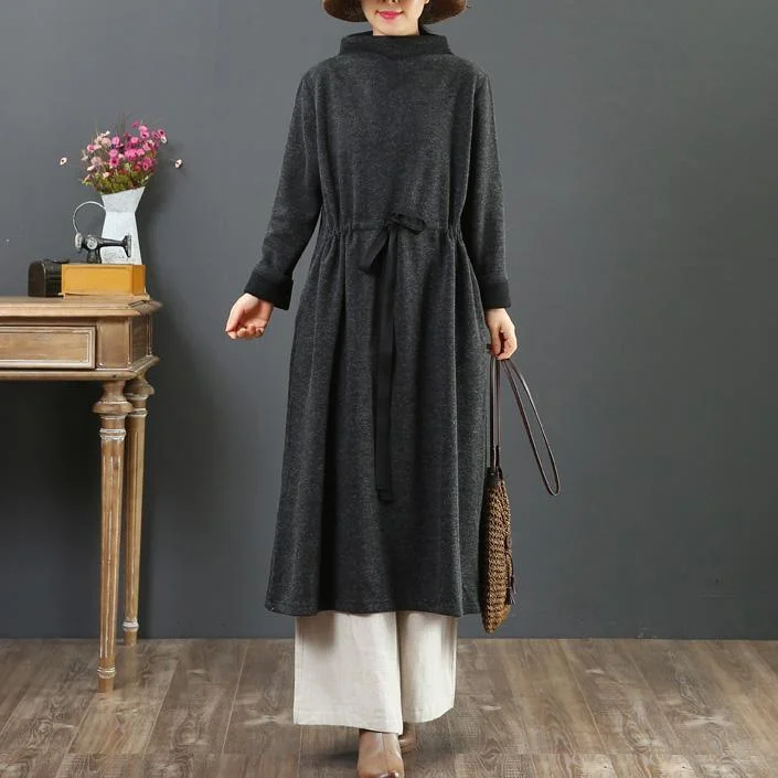 Elegant drawstring cotton winter clothes For Women Sewing gray Vestidos De Lino Dresses