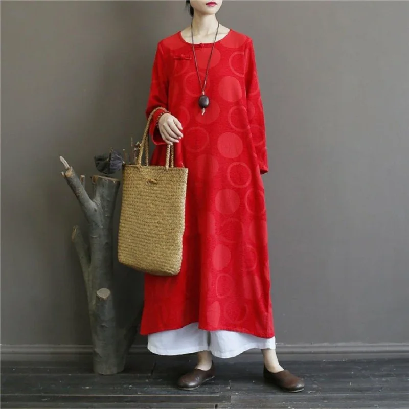 Elegant o neck cotton spring quilting dresses design red prints Vestidos De Lino Dresses