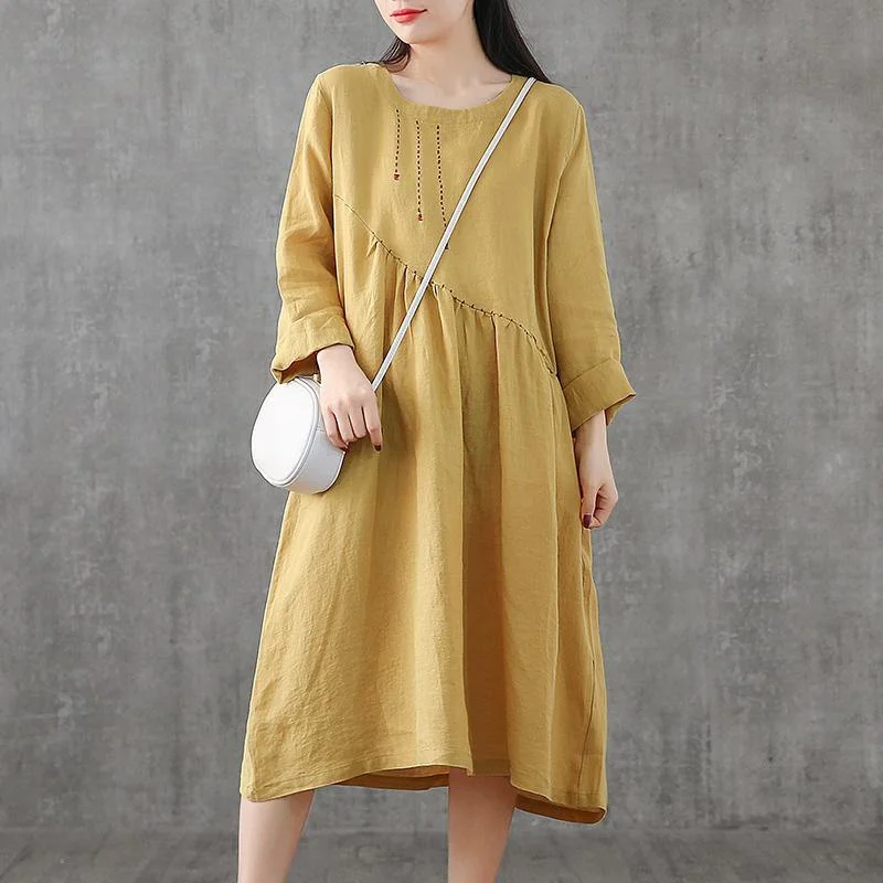 Elegant yellow embroidery linen Wardrobes patchwork Vestidos De Lino Dress