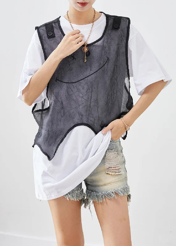 French Asymmetrical Design Smile Tulle Vest And Tank Two Pieces Set Summer