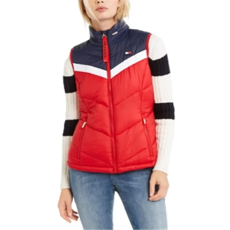 Tommy Hilfiger Women's Outerwear Vests RCC_RED - Red & Navy Matte Varsity Chevron Hooded Vest Red Size XS