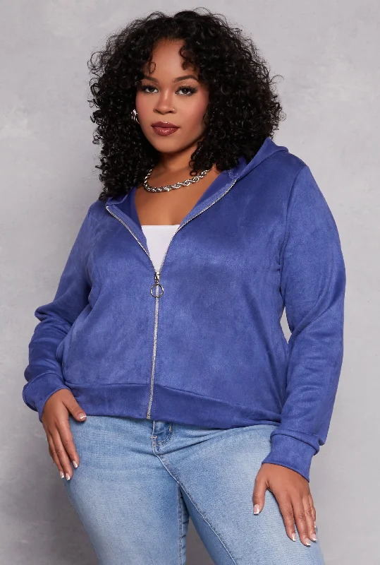 Plus Size Faux Suede Zip Front Hoodie