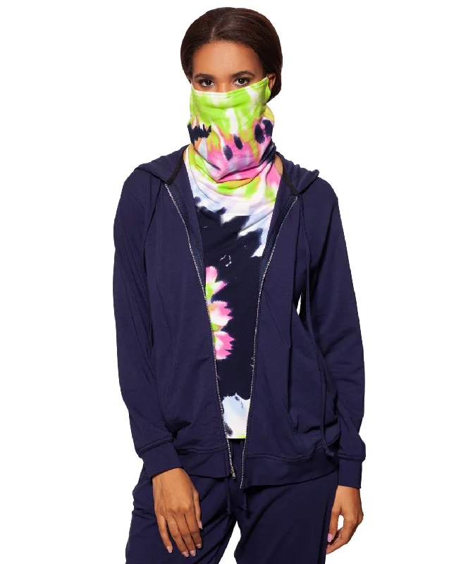 Betsy & Adam Women's Zip Up Hoodie & Removable Tie Dye Face Mask Blue Size Medium