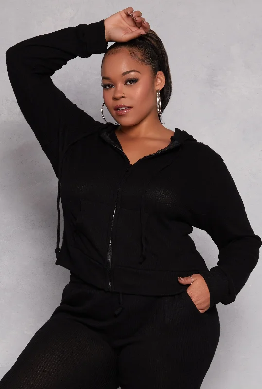 Plus Size Daisy Brushed Knit Zip Front Hoodie