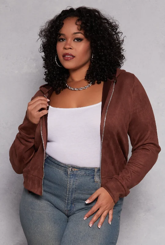 Plus Size Faux Suede Zip Front Hoodie