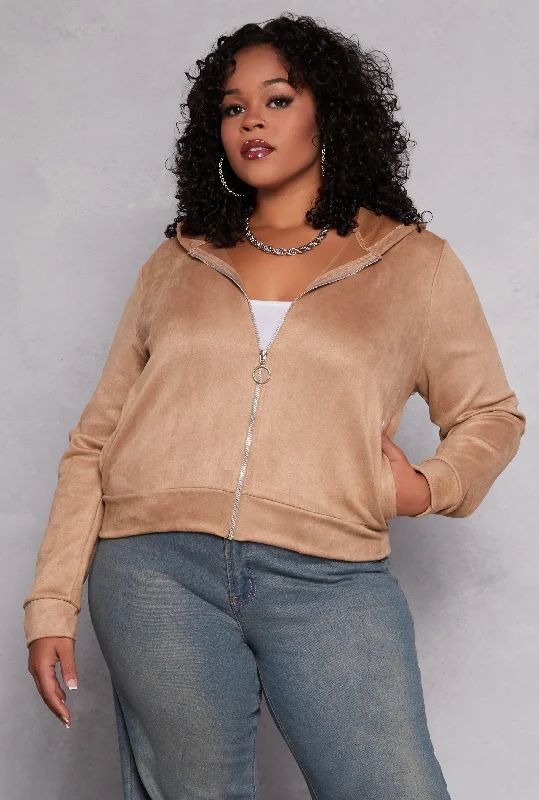 Plus Size Faux Suede Zip Front Hoodie