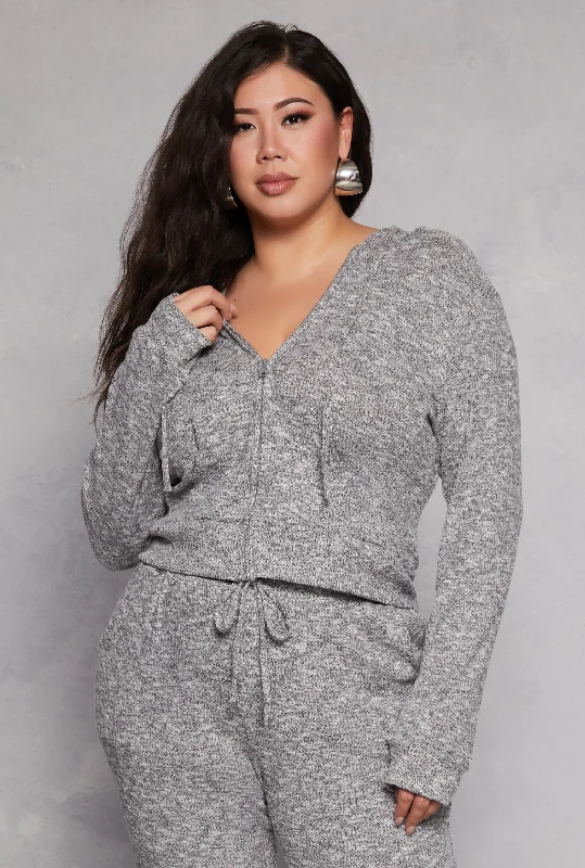 Plus Size Daisy Brushed Knit Zip Front Hoodie