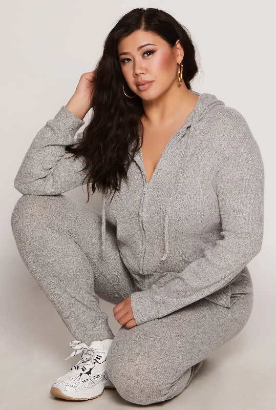 Plus Size Daisy Brushed Knit Zip Front Hoodie