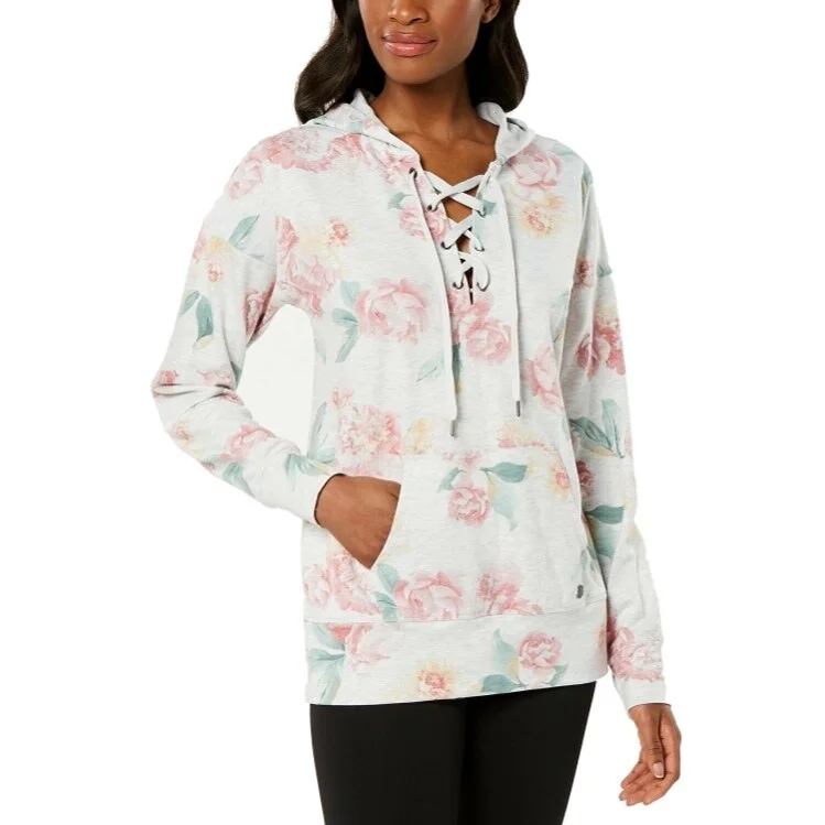 Ideology Women's Floral-Print Lace-Up Hoodie Sweet Carnation Large