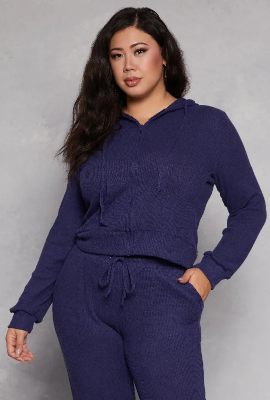 Plus Size Daisy Brushed Knit Zip Front Hoodie