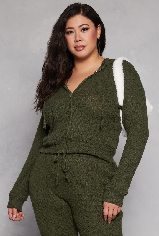 Plus Size Daisy Brushed Knit Zip Front Hoodie