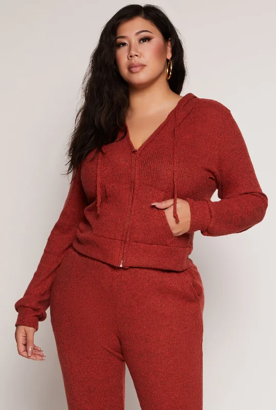 Plus Size Daisy Brushed Knit Zip Front Hoodie