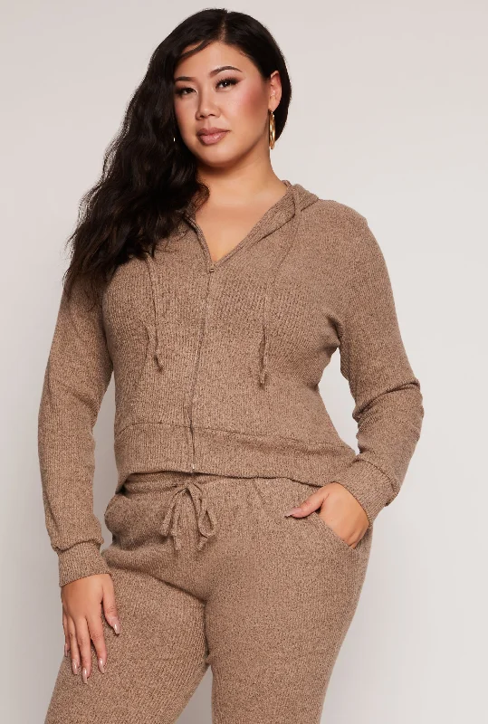 Plus Size Daisy Brushed Knit Zip Front Hoodie