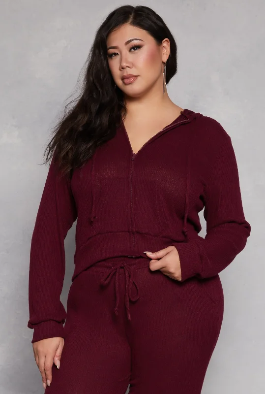 Plus Size Daisy Brushed Knit Zip Front Hoodie