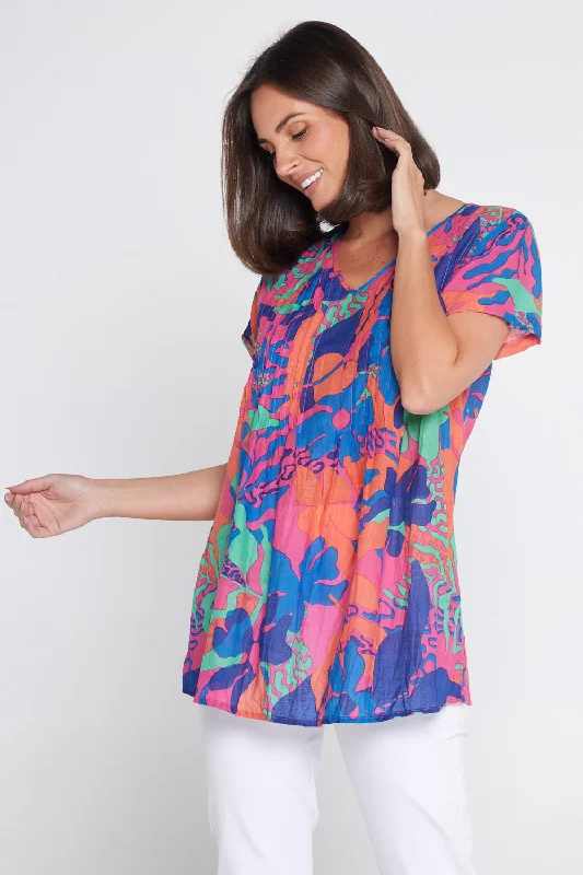 Kayla Cotton Short Sleeve Top - Tropical Sea