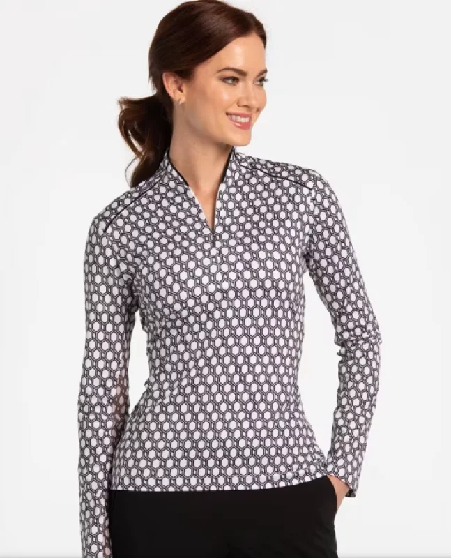 EPNY PATTERN PLAY GEO PRINT ZIP MANDARIN LONG SLEEVE POLO