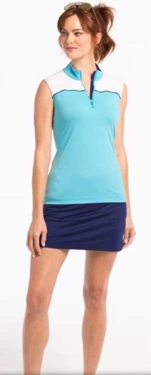 EPNY SERENITY COLORBLOCK SLEEVELESS ZIP MOCK POLO TOP