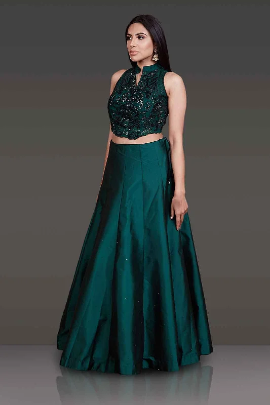 Velvet Laser Cut Emerald Green Crop Top With Tafta Silk Bottle Green Skirt