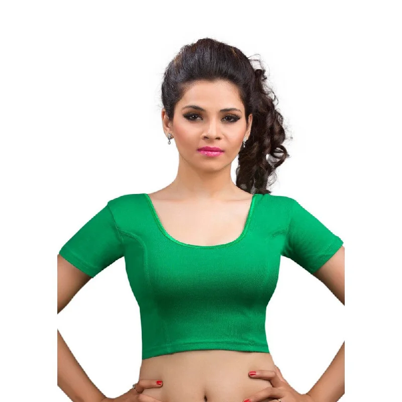 Designer Green Non-Padded Cotton Lycra Stretchable Short Sleeves Saree Blouse Crop Top (A-14-Green)