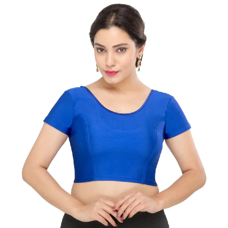 Designer Royal-Blue Non-Padded Stretchable Short Sleeves Saree Blouse Crop Top (A-10-Royal-Blue)